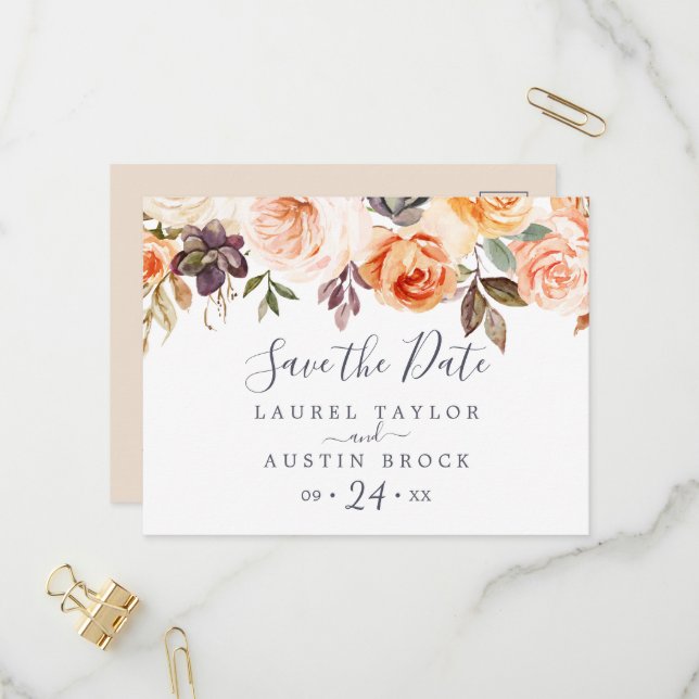 Rustic Earth Florals Save the Date Postcard (Front/Back In Situ)
