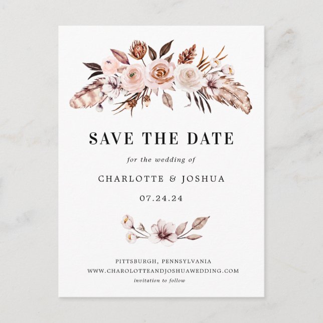 Rustic Earth-tone Boho Save the Date Invitation Postcard (Front)