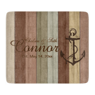 Rustic Earth tone Wood Nautical Stripes & Anchor Cutting Board