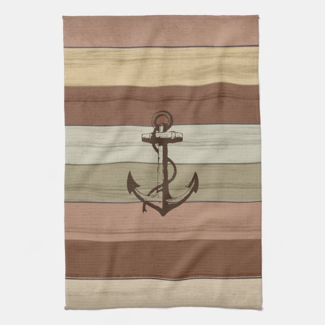 Rustic Earth Tones Wood Nautical Stripes & Anchor Tea Towel (Vertical)