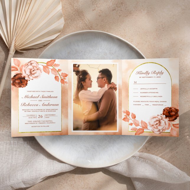 Rustic Earthy Boho Floral Arch All in One Wedding Tri-Fold Invitation (Creator Uploaded)