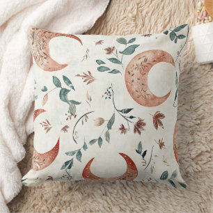 Rustic Earthy Boho Moon Floral Pattern Cushion