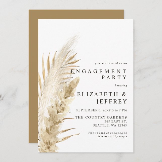 Rustic Earthy Boho Pampas Engagement Party Invitat Invitation (Front/Back)