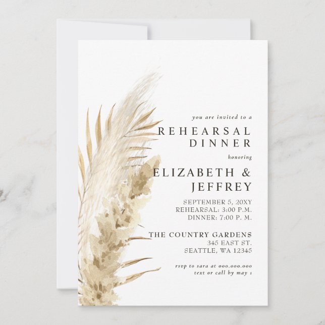 Rustic Earthy Boho Pampas Rehearsal Dinner  Invita Invitation (Front)