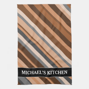 Rustic, Earthy Brown, Beige and Grey Stripes; Name Tea Towel