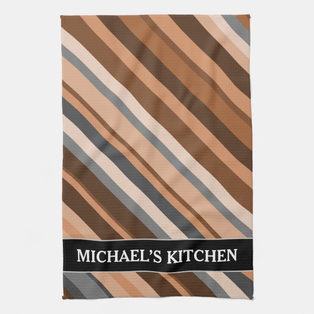 Rustic, Earthy Brown, Beige and Grey Stripes; Name Tea Towel (Vertical)