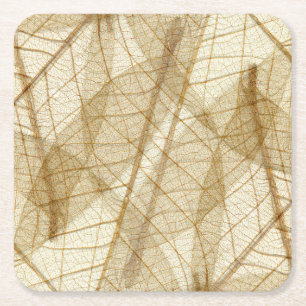Rustic Earthy Cream Beige Leaves Square Paper Coaster