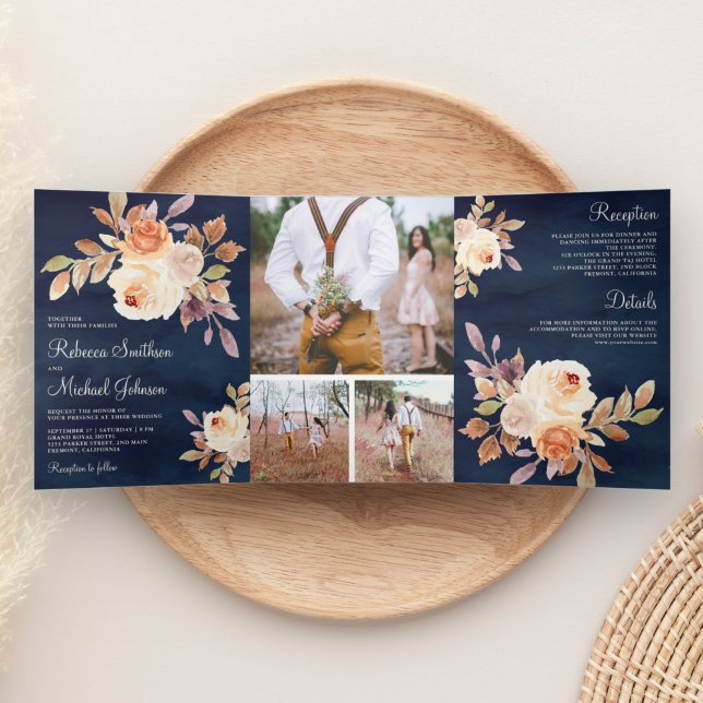 Rustic Earthy Dusty Peach Floral Navy Blue Wedding Tri-Fold Invitation (Creator Uploaded)