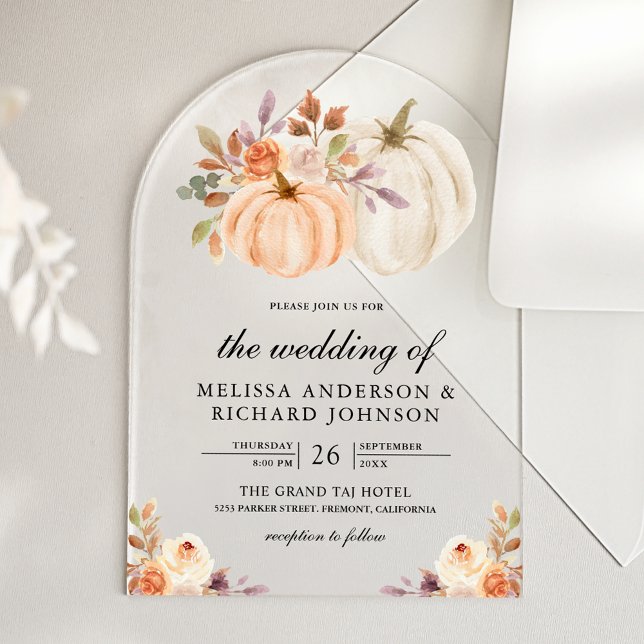 Rustic Earthy Dusty Peach Floral Pumpkin Wedding Acrylic Invitations (Creator Uploaded)