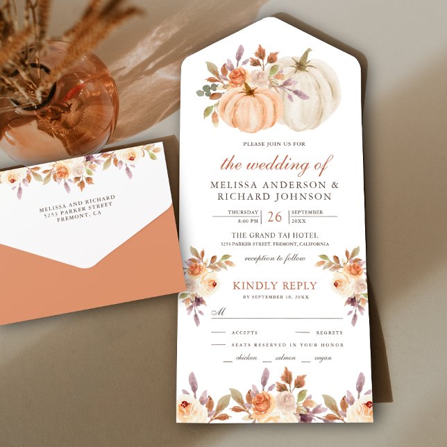 Rustic Earthy Dusty Peach Floral Pumpkin Wedding All In One Invitation (Creator Uploaded)