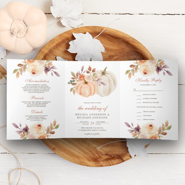 Rustic Earthy Dusty Peach Floral Pumpkin Wedding Tri-Fold Invitation (Creator Uploaded)