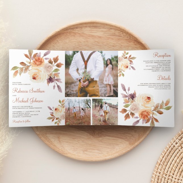 Rustic Earthy Dusty Peach Floral Wedding Tri-Fold Invitation (Creator Uploaded)