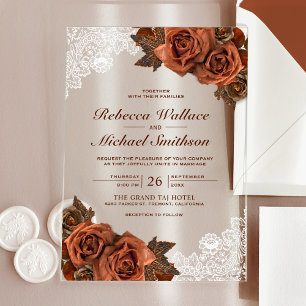 Rustic Earthy Dusty Terracotta Rose Lace Wedding Acrylic Invitations