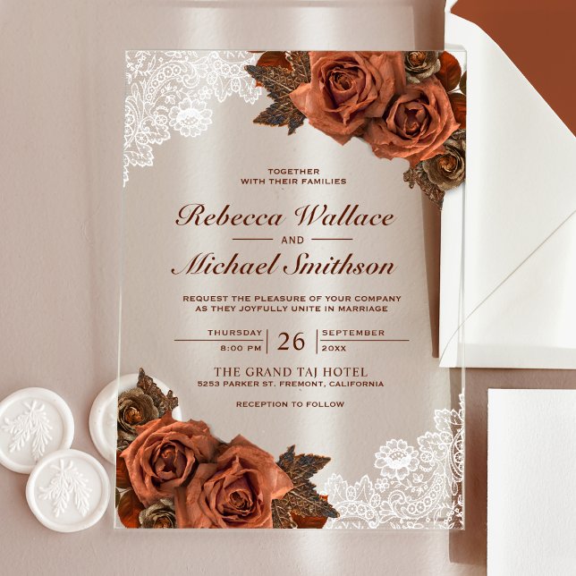 Rustic Earthy Dusty Terracotta Rose Lace Wedding Acrylic Invitations (Creator Uploaded)