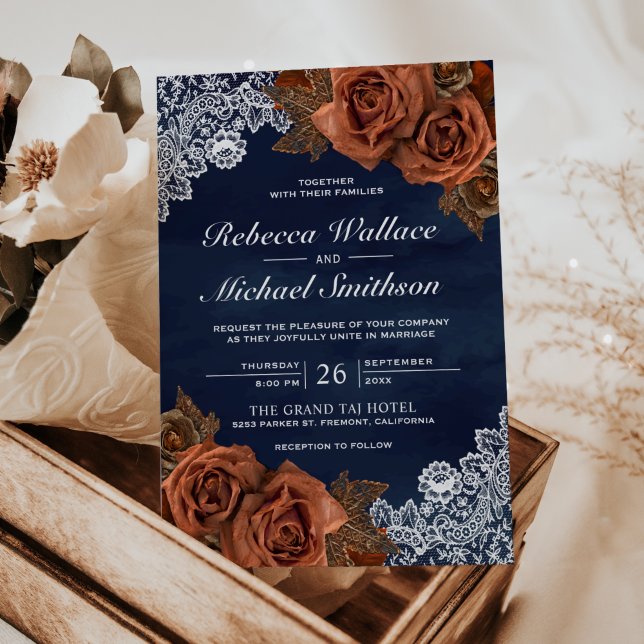 Rustic Earthy Dusty Terracotta Rose Navy Wedding Invitation (Creator Uploaded)
