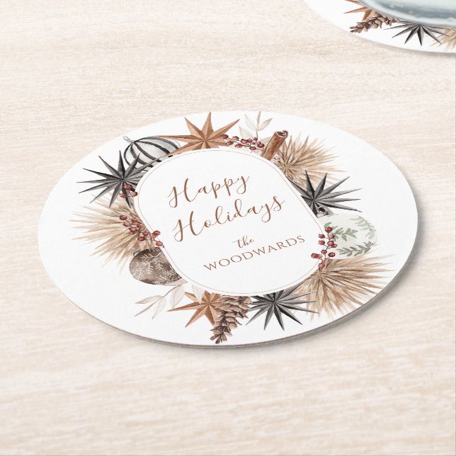 Rustic Earthy Family Name Holiday Round Paper Coaster (Angled)