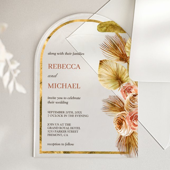 Rustic Earthy Floral Arch Dried Boho Palm Wedding Acrylic Invitations (Creator Uploaded)