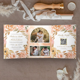 Rustic Earthy Floral Fall Autumn QR Code Wedding Tri-Fold Invitation