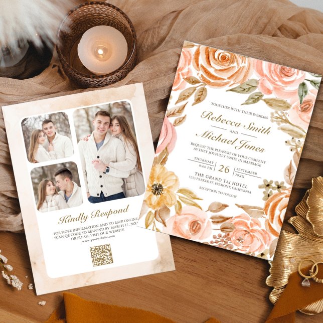Rustic Earthy Floral Fall Photo QR Code Wedding Invitation (Creator Uploaded)