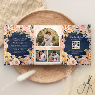 Rustic Earthy Floral Navy Blue QR Code Wedding Tri-Fold Invitation