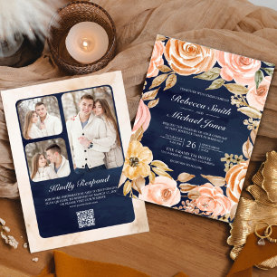 Rustic Earthy Floral Photo Navy QR Code Wedding Invitation