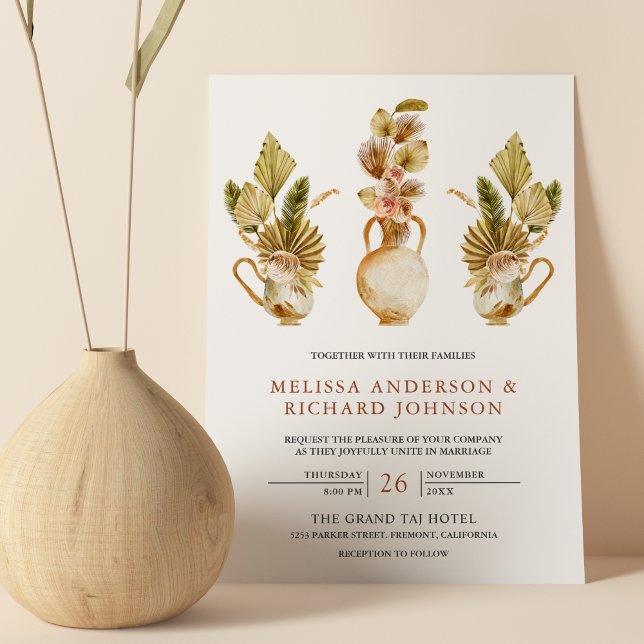 Rustic Earthy Floral Pots Dried Boho Palm Wedding Invitation (Creator Uploaded)