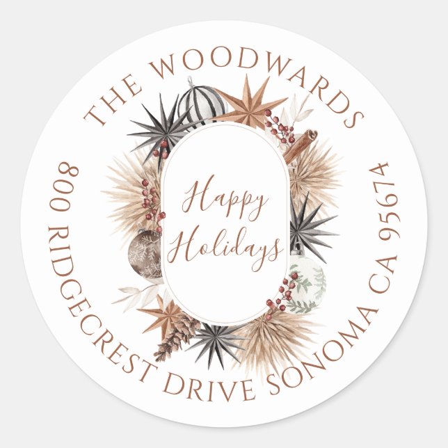 Rustic Earthy Holiday Return Address Classic Round Sticker (Front)