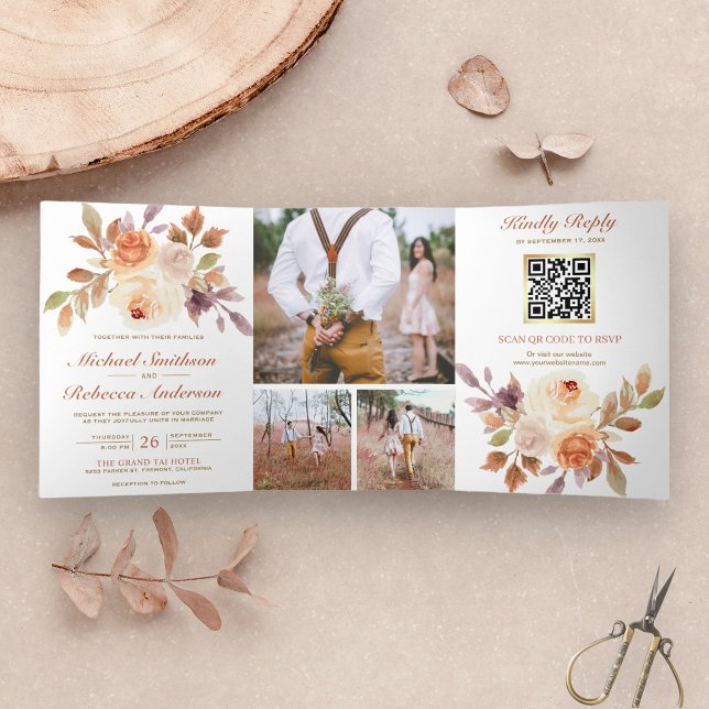 Rustic Earthy Ivory Floral Photo QR Code Wedding Tri-Fold Invitation (Creator Uploaded)