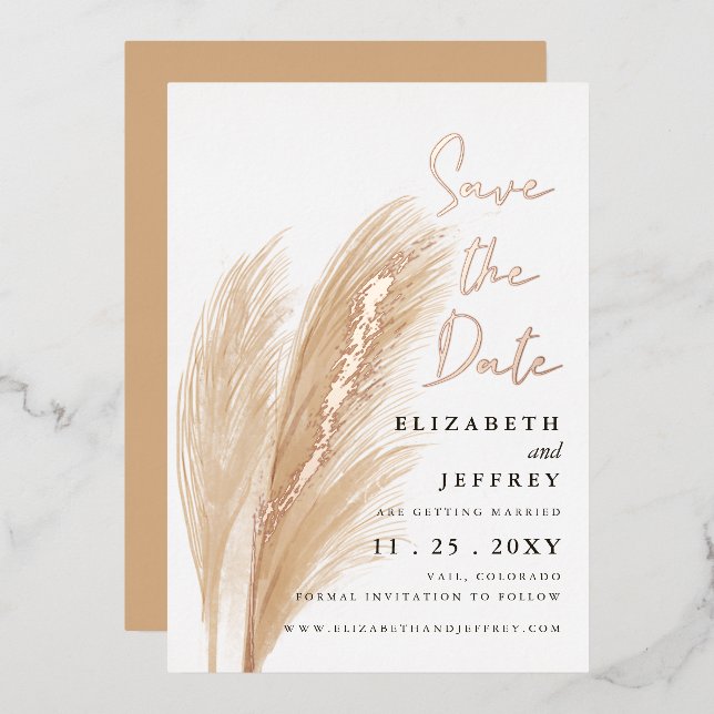 Rustic Earthy Neutral Boho Pampas Save The Date  (Front/Back)