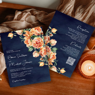 Rustic Earthy Peach Floral Navy QR Code Wedding Invitation