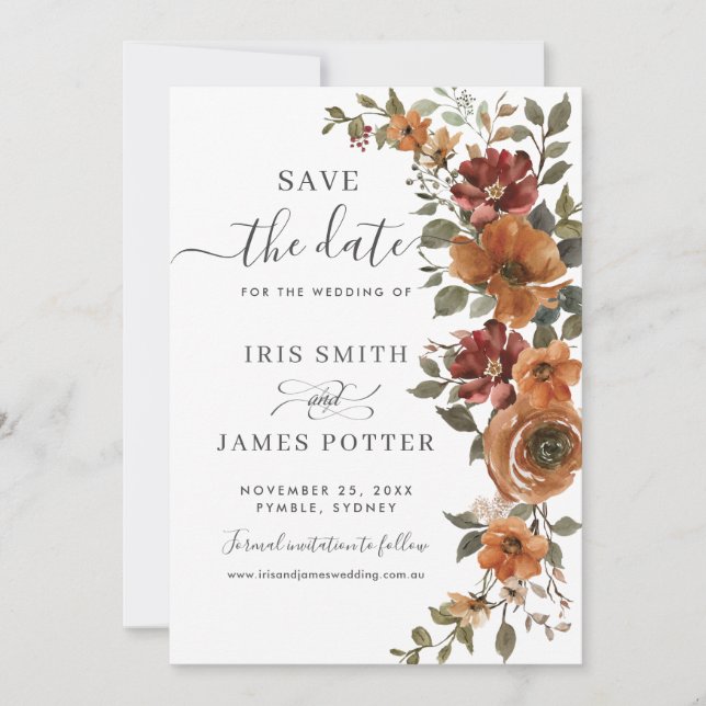 Rustic Earthy Rust Orange Copper Floral Wedding Save The Date (Front)