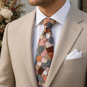 Rustic Earthy Terracotta and Marble Stone Mosaic Tie