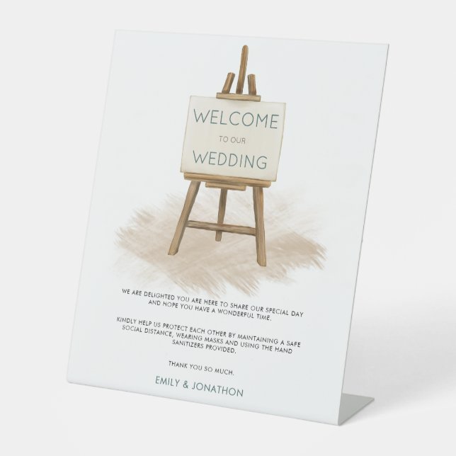 Rustic Easel Welcome Wedding Covid Safety Measures Pedestal Sign (Front)