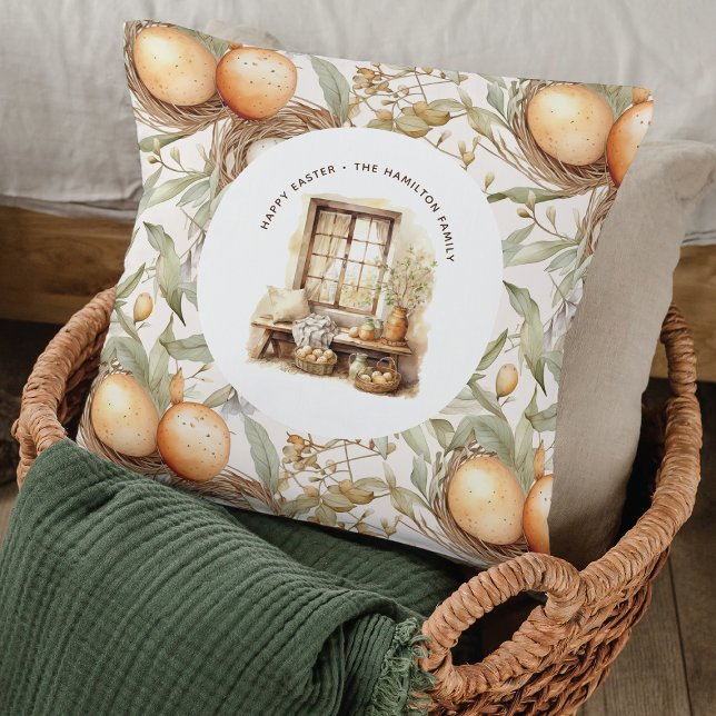 Rustic Easter Beige Watercolor Family Name Cushion (Creator Uploaded)