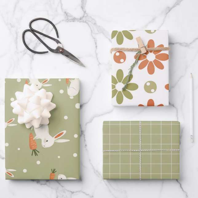 Rustic Easter Bunny Warm Spring set of 3 Wrapping Paper Sheet (Front)