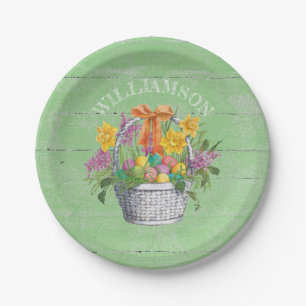 Rustic Easter Eggs Floral Basket on Green Paper Plate