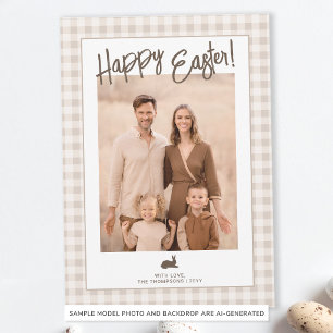 Rustic Easter Family Photo Beige Gingham And Bunny Card