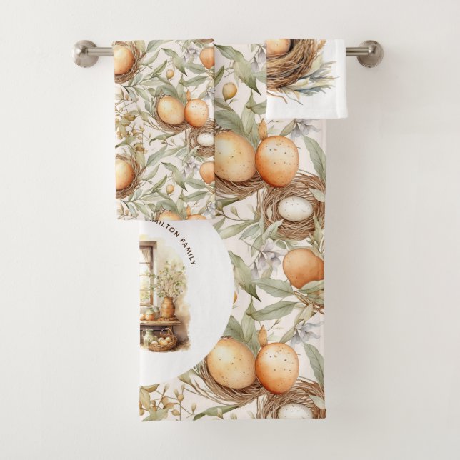 Rustic Easter Personalised Family Beige  Bath Towel Set (Insitu)