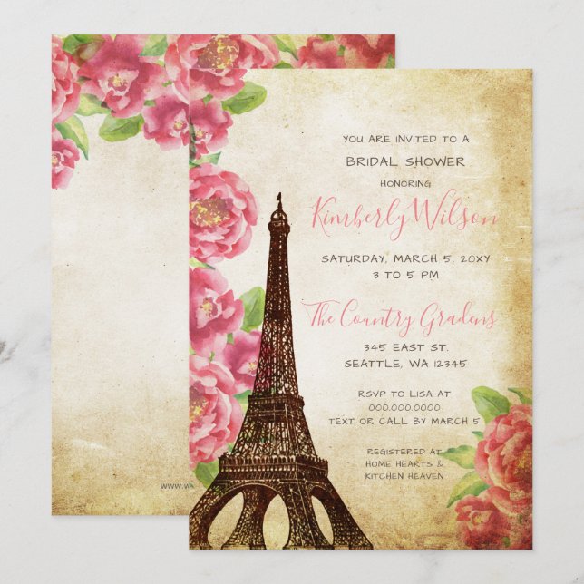 Rustic Eiffel Tower Paris French Bridal Shower Invitation (Front/Back)