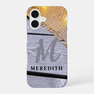 Rustic Elegance Barn Wood Burlap Name and Monogram iPhone 16 Case