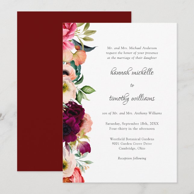 Rustic Elegance Boho Floral Watercolor Wedding Invitation (Front/Back)