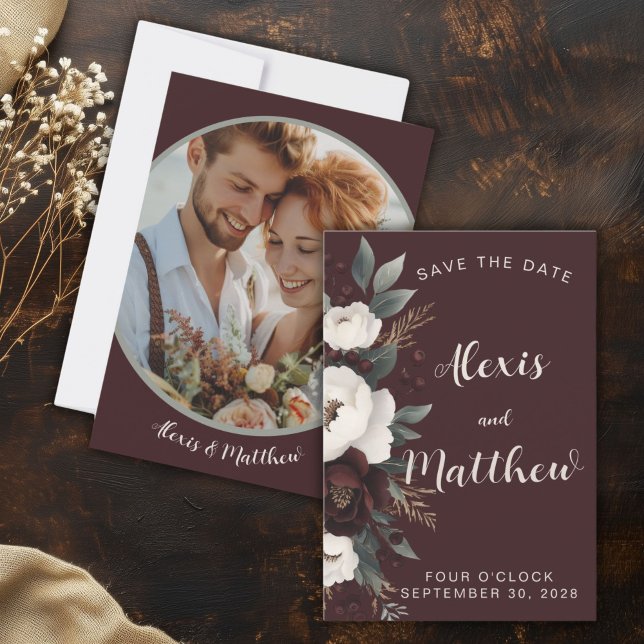 Rustic Elegance Burgundy Floral Save The Date (Rustic Wedding Burgundy Winter Save The Date)