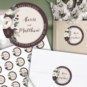 Rustic Elegance Burgundy Floral Save The Date Classic Round Sticker