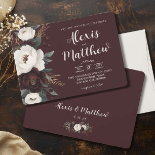 Rustic Elegance Burgundy Floral Wedding  Invitation