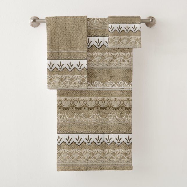 Rustic Elegance Burlap and Lace Bath Towel Set (Insitu)