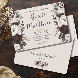 Rustic Elegance Creme & Burgundy Floral Wedding Invitation