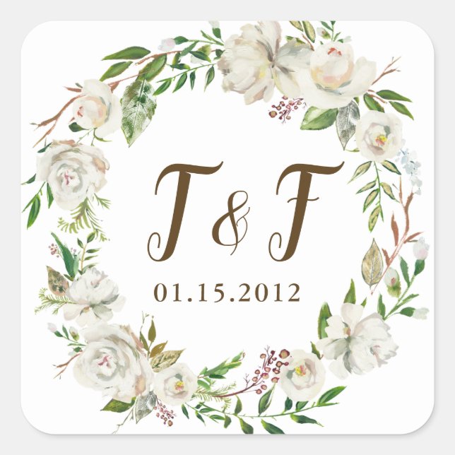 Rustic Elegance Floral Wreath Wedding Stickers (Front)