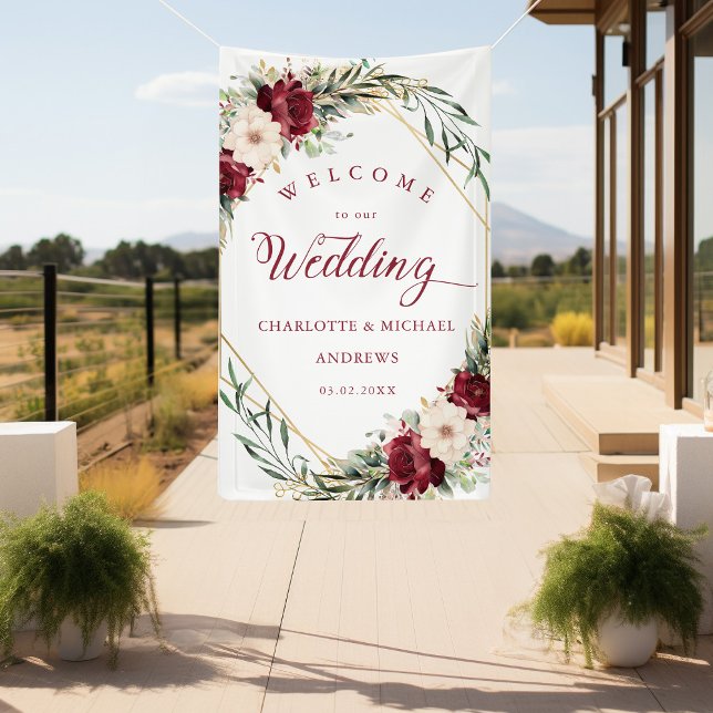Rustic Elegance  Flowers, Gold-Geometric, Wedding  Banner (Rustic Elegance Flowers, Gold-Geometric, "Welcome" Wedding Banner With Your Name & Date.)