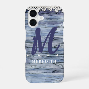 Rustic Elegance Monogram Lace Watercolor Barnwood iPhone 16 Case