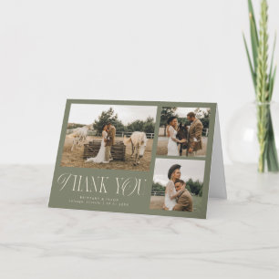 Rustic Elegance Multi Photo Wedding Olive Green Thank You Card